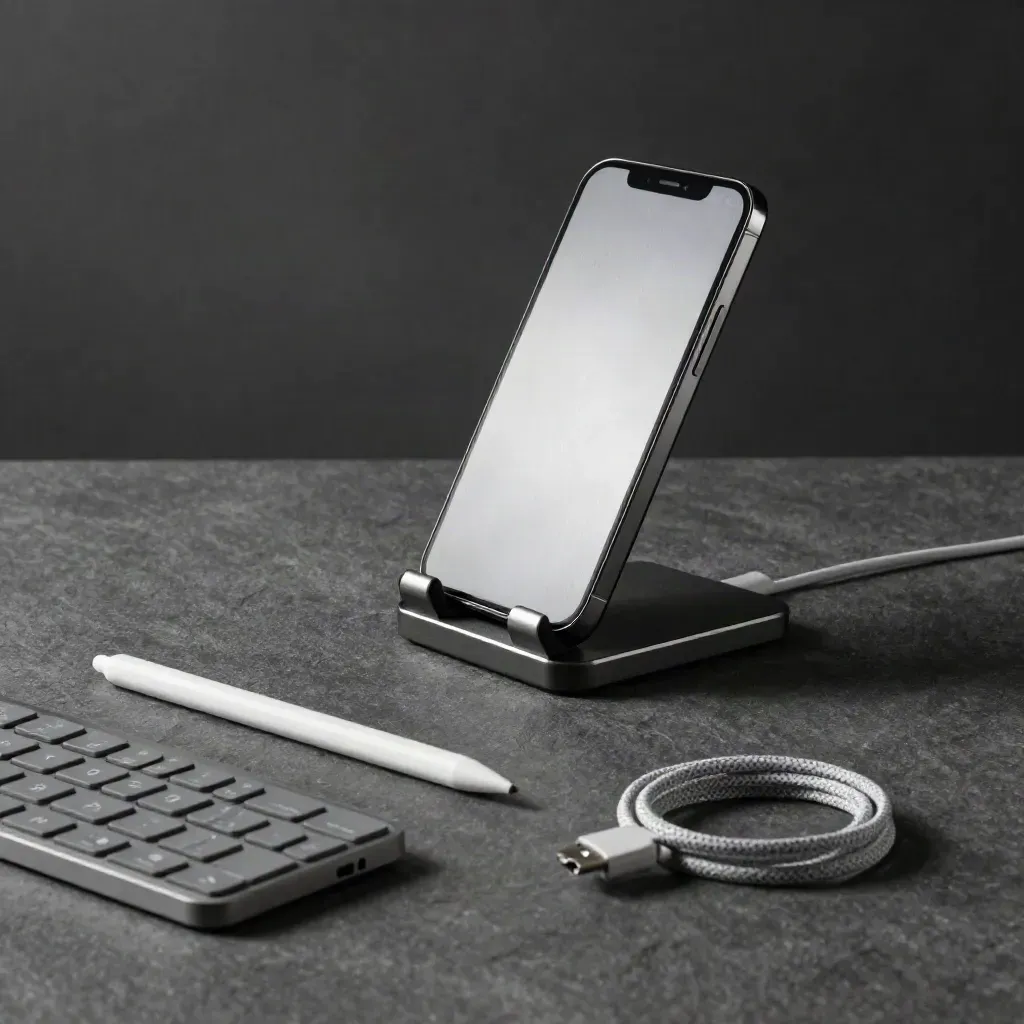 Smartphone-Ständer, Bluetooth-Tastatur, Stylus und Ladekabel in dramatischem Studiolicht