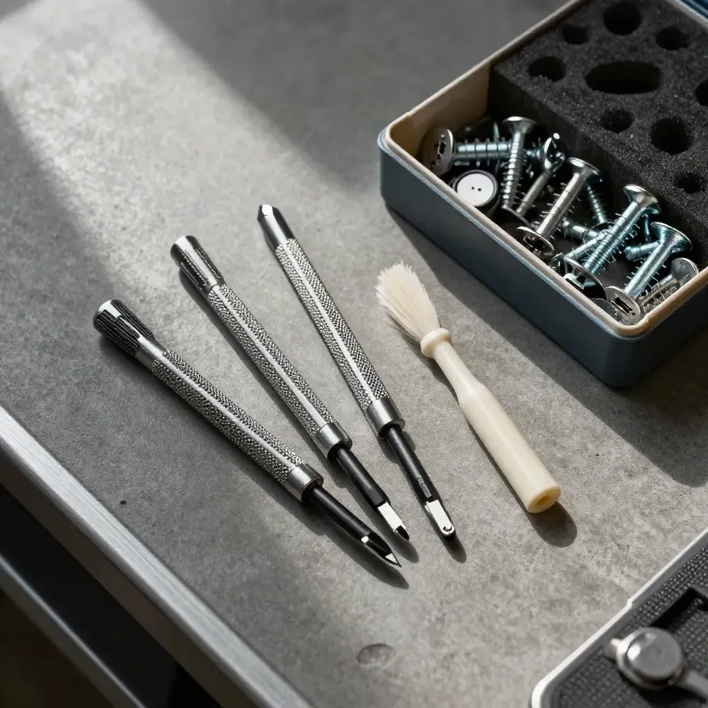 Top-down Reparatur-Set mit Präzisionsschraubendrehern, USB-C-Port, Bürste und Teilebox.