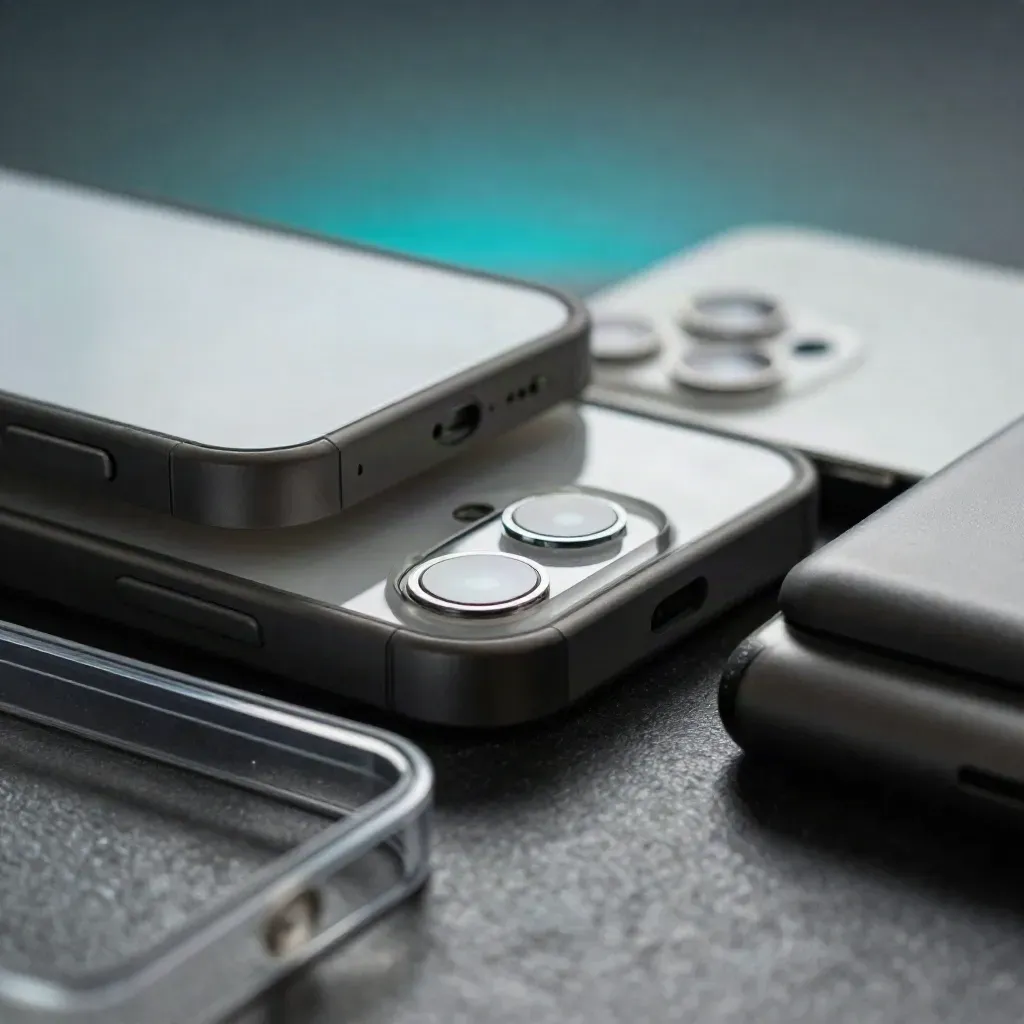 Drei Smartphones mit Hüllen und Powerbank im Makrovergleich auf dunklem Stein