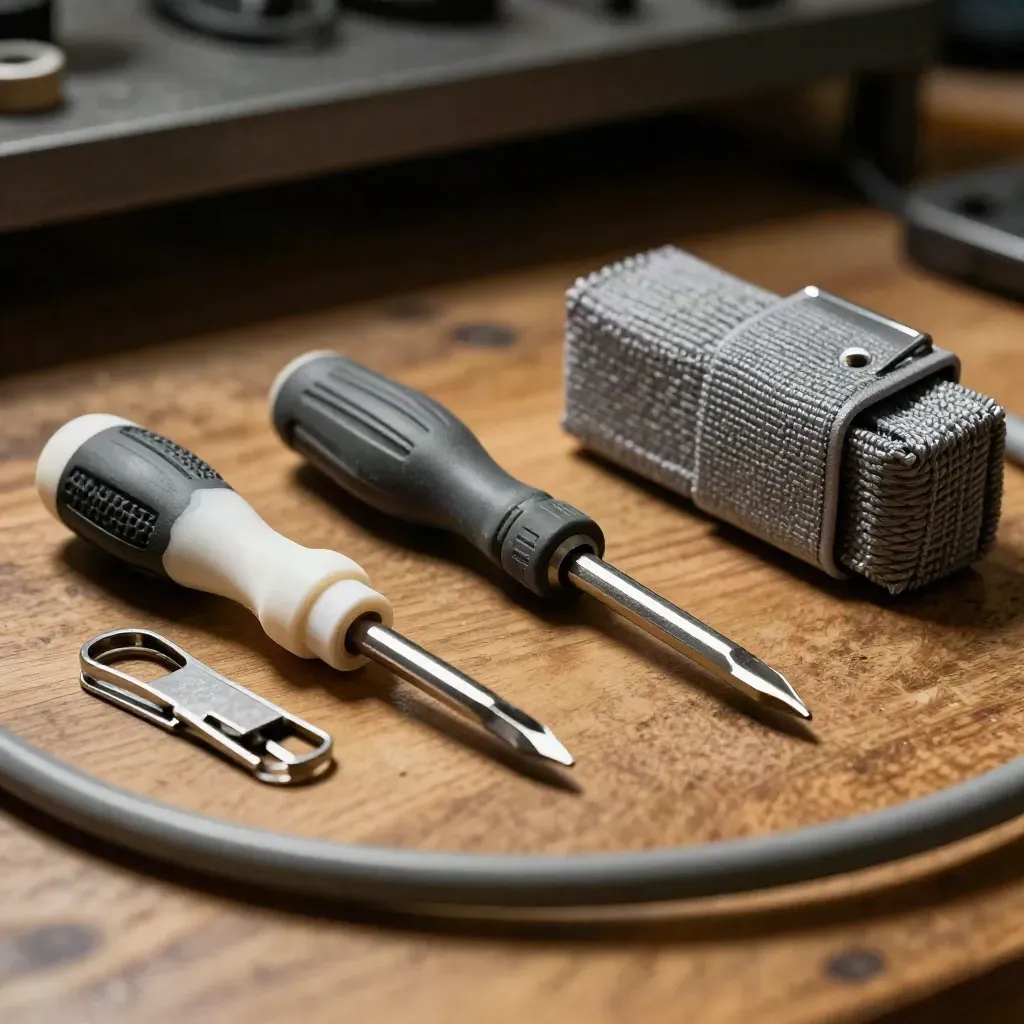 Schraubendreher, Stecker und Antistatik-Band auf einer Werkbank im Gegenlicht.