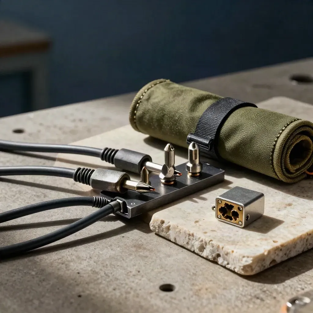 Bits, Ersatzkabel und Port-Modul auf rauem Werkstoff im dramatischen Studiolicht.