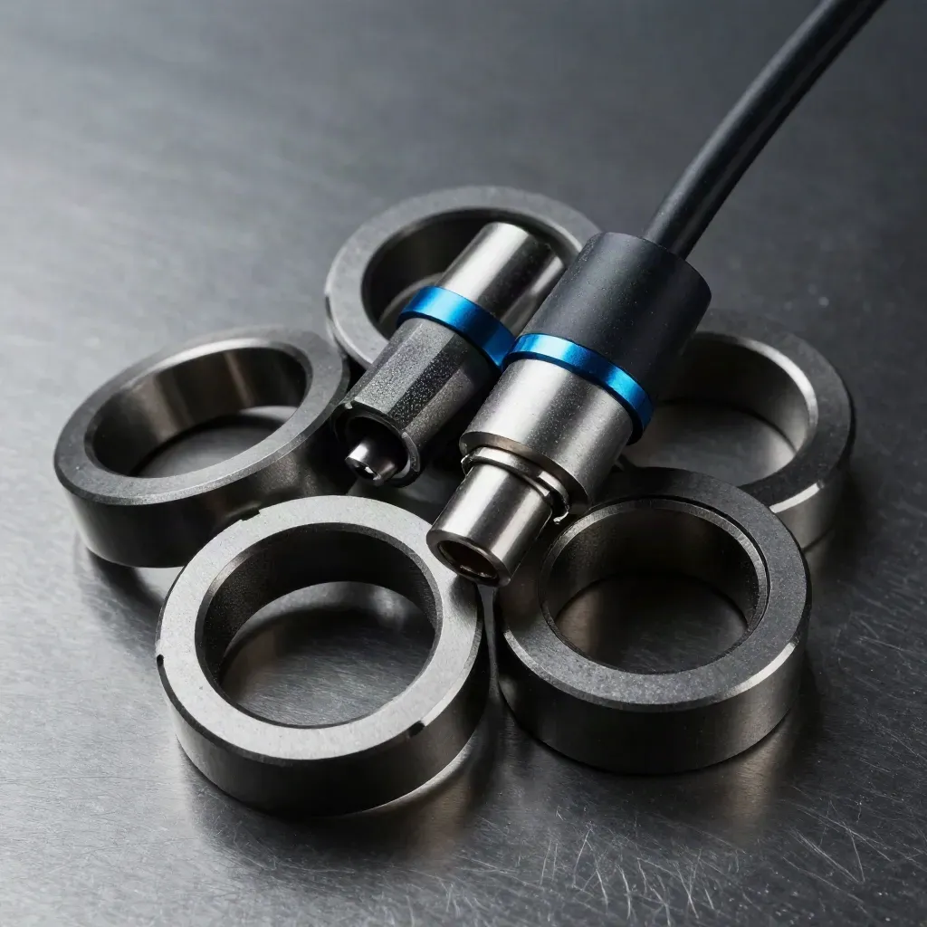 Verzahnte Metallringe und Kabelspitzen auf gebürstetem Stahl, streng von oben.