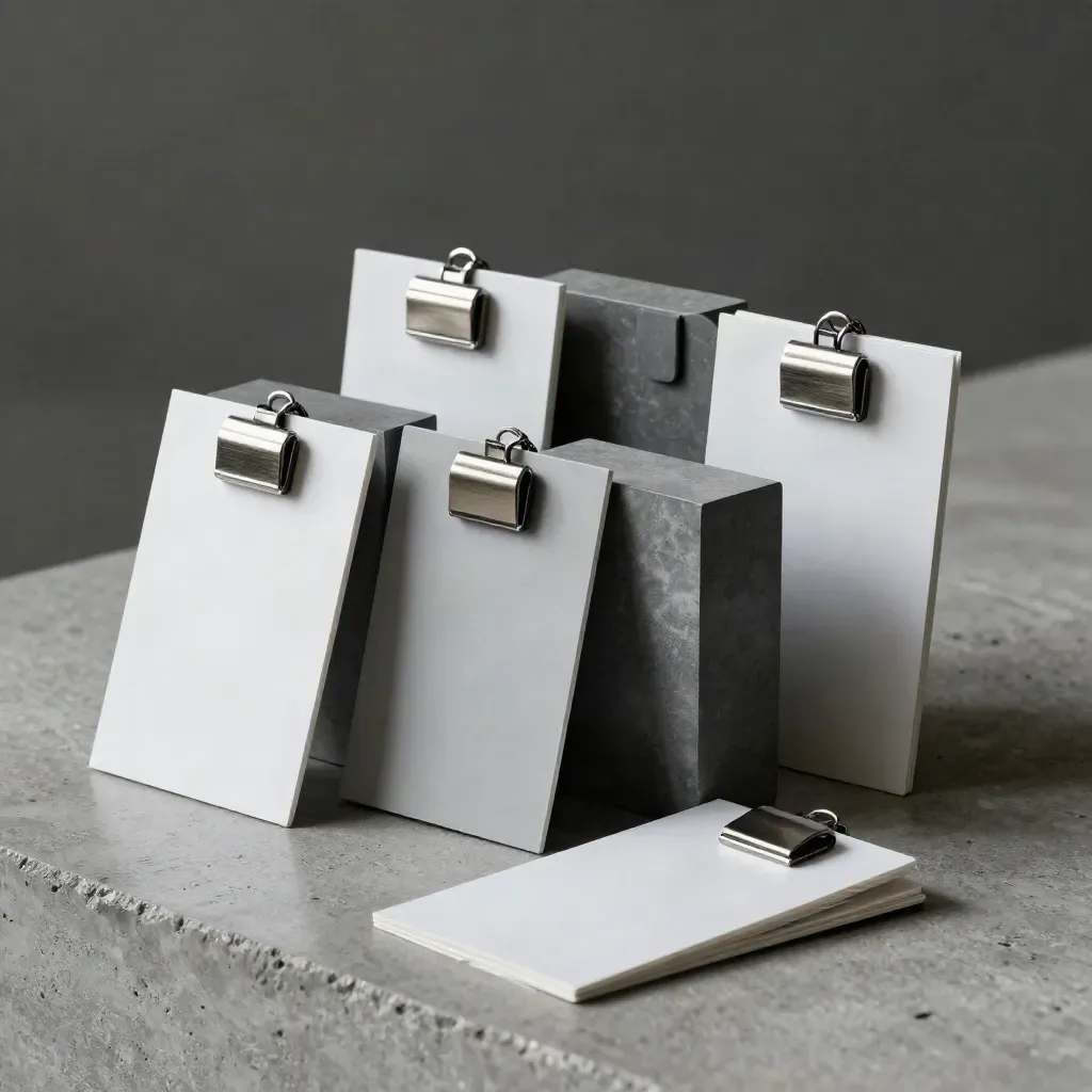 Modulare Organisationsblöcke und Magnetclips auf grauem Beton, dramatisch beleuchtet.