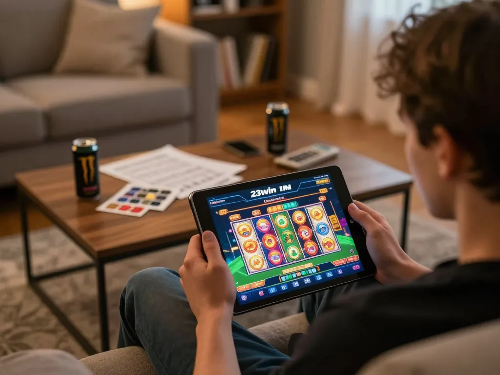 Engaging in online gaming through 23win casino on a tablet in a cozy home setting