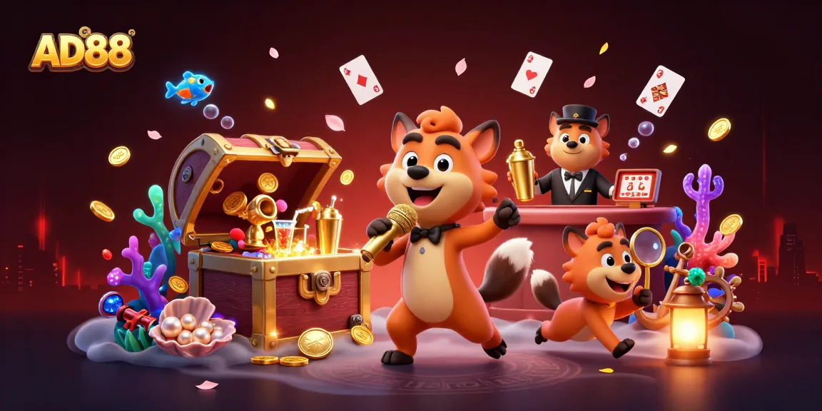 AD88 features lively hyenas in a casino scene with vibrant elements capturing a fun gambling atmosphere.