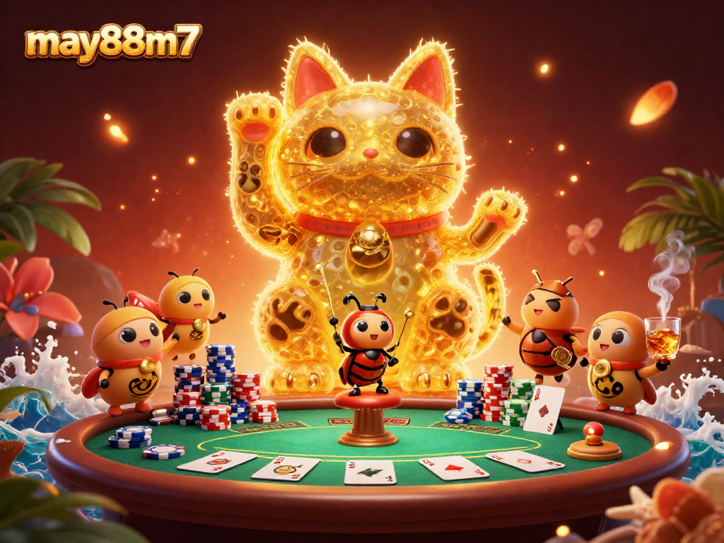 Experience thrilling moments at may88m7 with a festive illustration showcasing a giant lucky cat and poker elements.