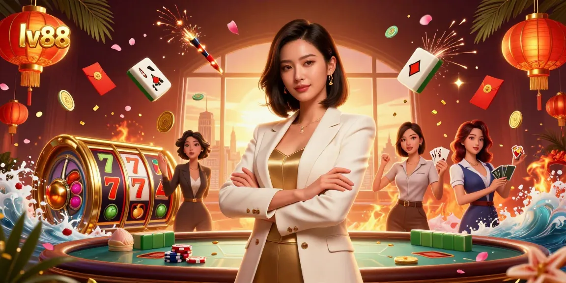Experience exciting gaming moments at lv88 with a dynamic online casino scene featuring slot machines and Asian elegance.