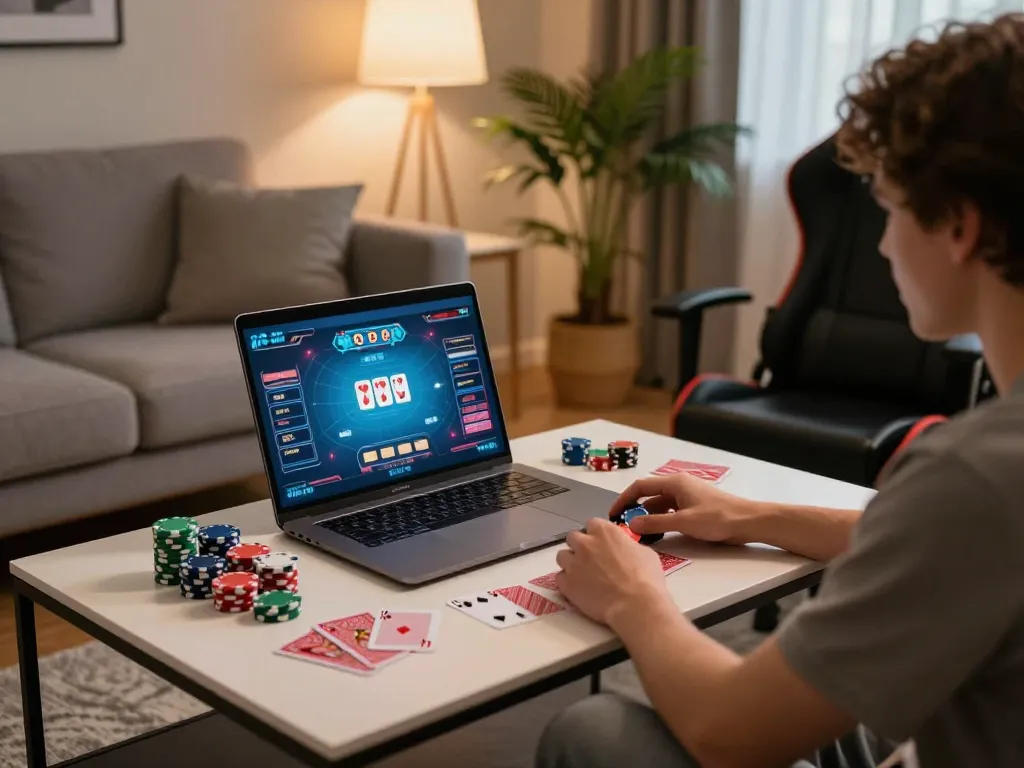 Engaged player monitoring ty le keo nha cai on laptop in cozy home gaming setup