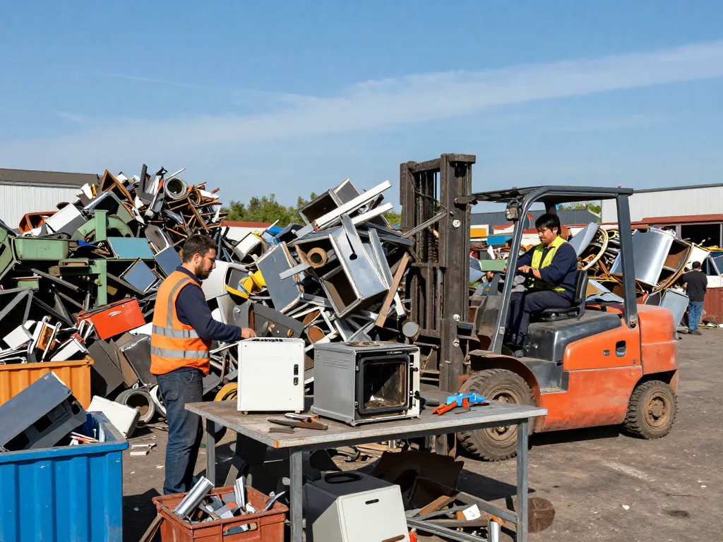 Arbeiter, die im Schrotthandel auf einem beschäftigten Schrottplatz Metallreste sortieren und Maschinen bedienen.