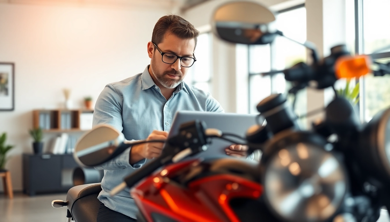 Motorrad Gutachter analysiert Fahrzeugdokumente in einem professionellen Büro.