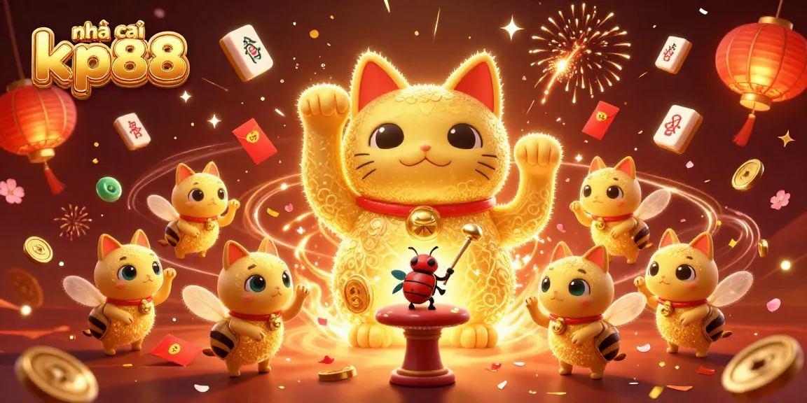 Engage with nhà cái kp88's vibrant casino atmosphere through a dynamic illustration of festive golden fireflies and casino symbols.