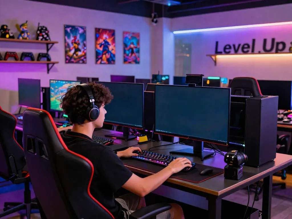 Dynamic gaming lounge with vibrant displays and lighting showcasing rokok88 super.