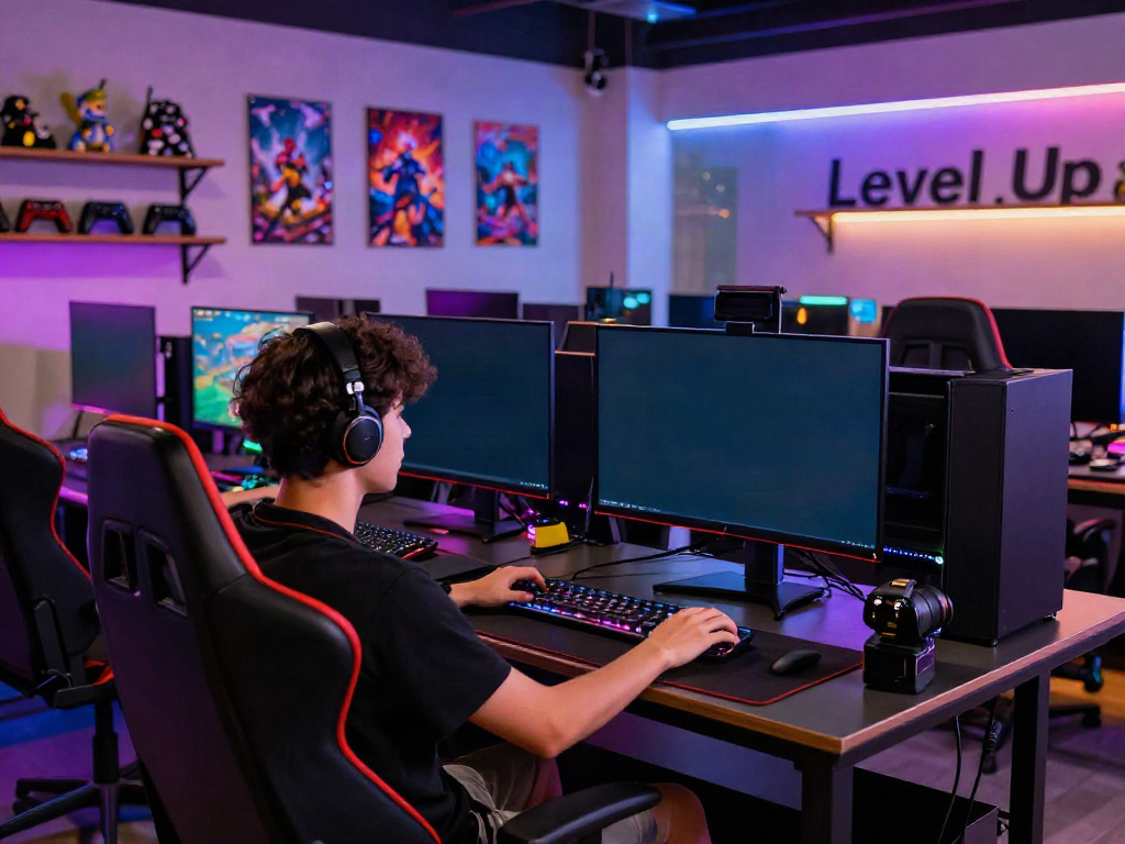 Dynamic gaming lounge with vibrant displays and lighting showcasing rokok88 super.