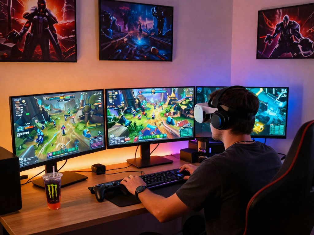 Player leveling up in ROKOK88 login game, surrounded by immersive gaming setup and vibrant atmosphere.
