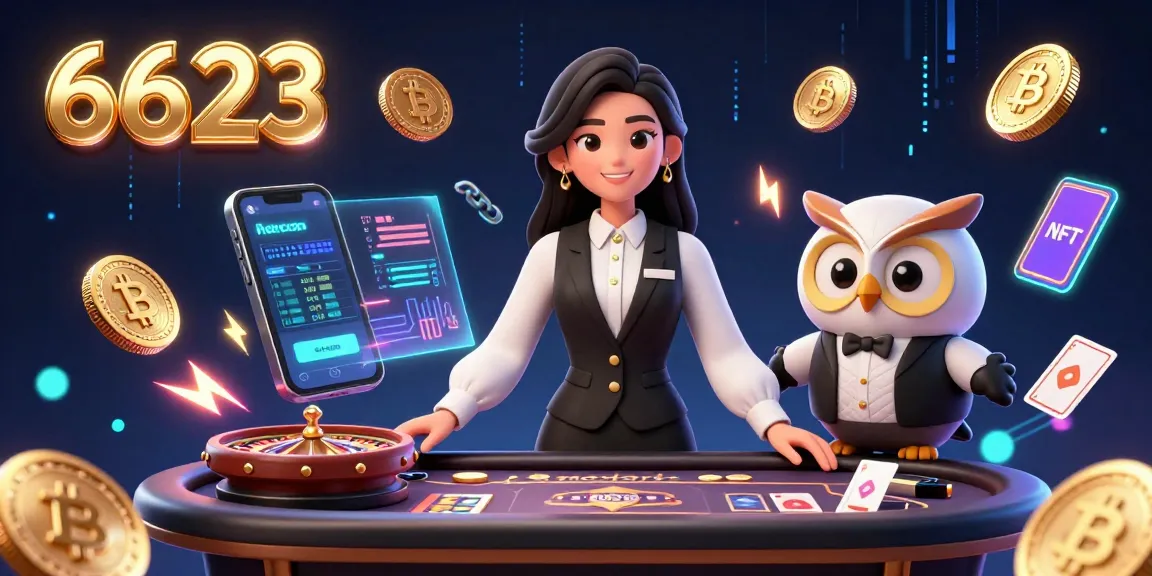 Engage in thrilling gambling action with 6623, featuring a charming Asian dealer at baccarat and vibrant crypto elements.