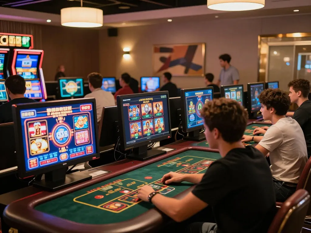 F168 players engaging in strategic online gaming with vibrant screens, showcasing immersive casino gameplay.