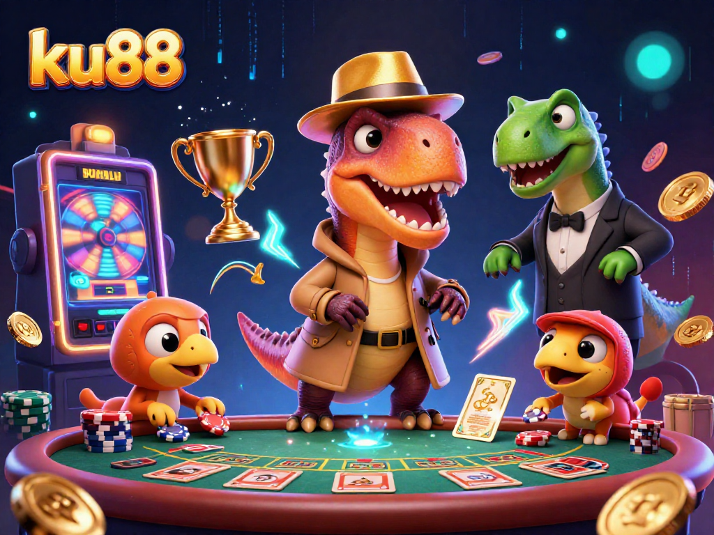 ku88 velociraptor card counter sneaks at the blackjack table surrounded by slots and gleaming coins