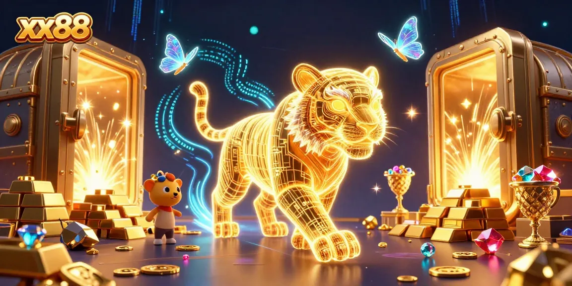 Win big with the energetic tiger in xx88's vibrant casino landscape filled with treasure!
