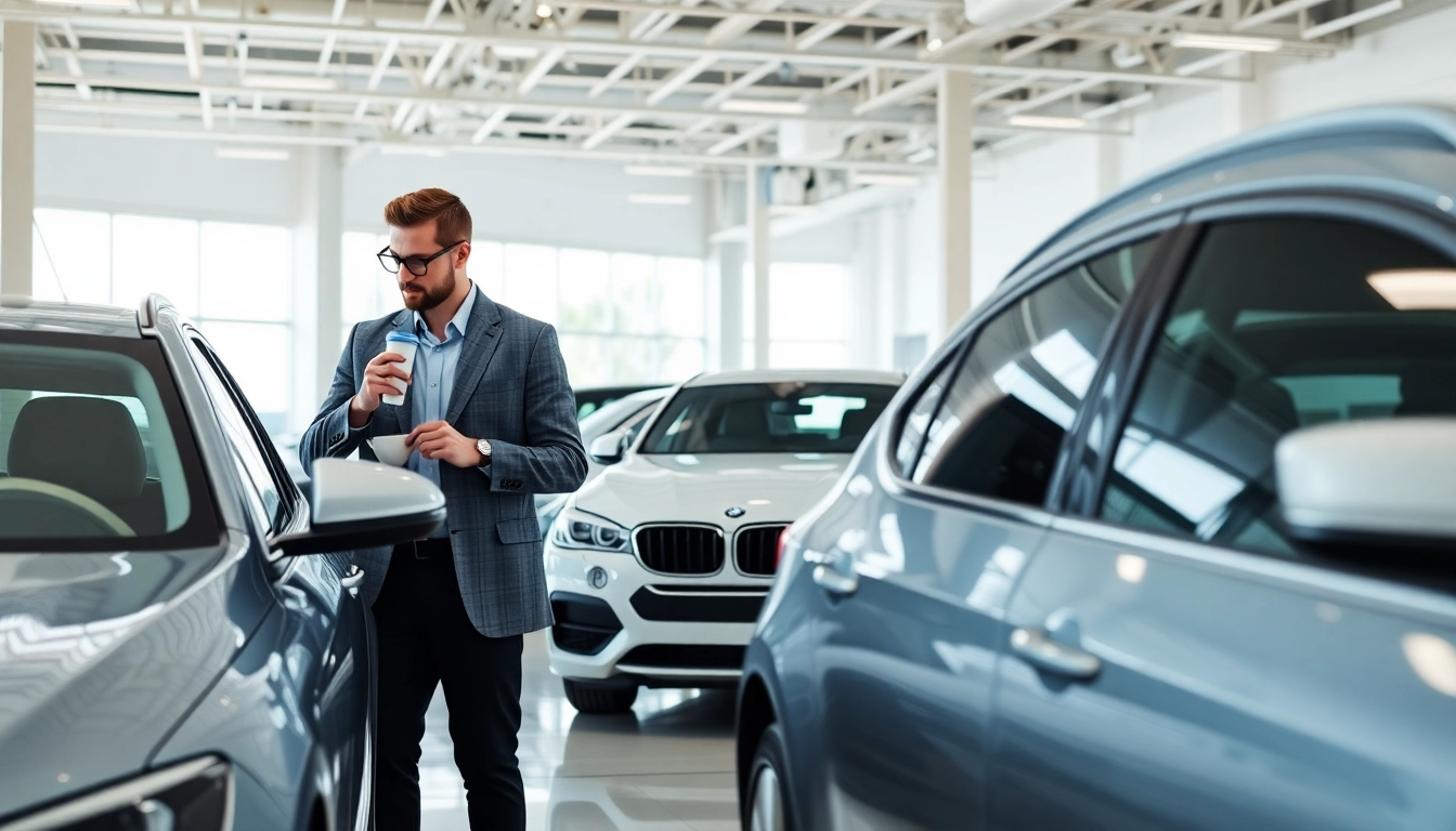 Auto kaufen: Käufer inspiziert modernes Fahrzeug in stilvollem Showroom.