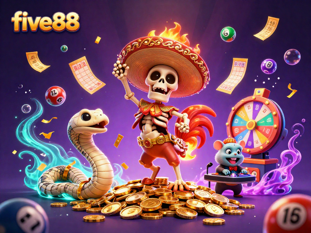 Experience the excitement with five88's vibrant lottery scene featuring animated characters in a colorful casino atmosphere.