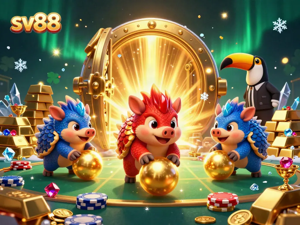 Bowling pangolins in an energetic casino-themed 3D illustration representing sv88, surrounded by gold coins and poker chips.