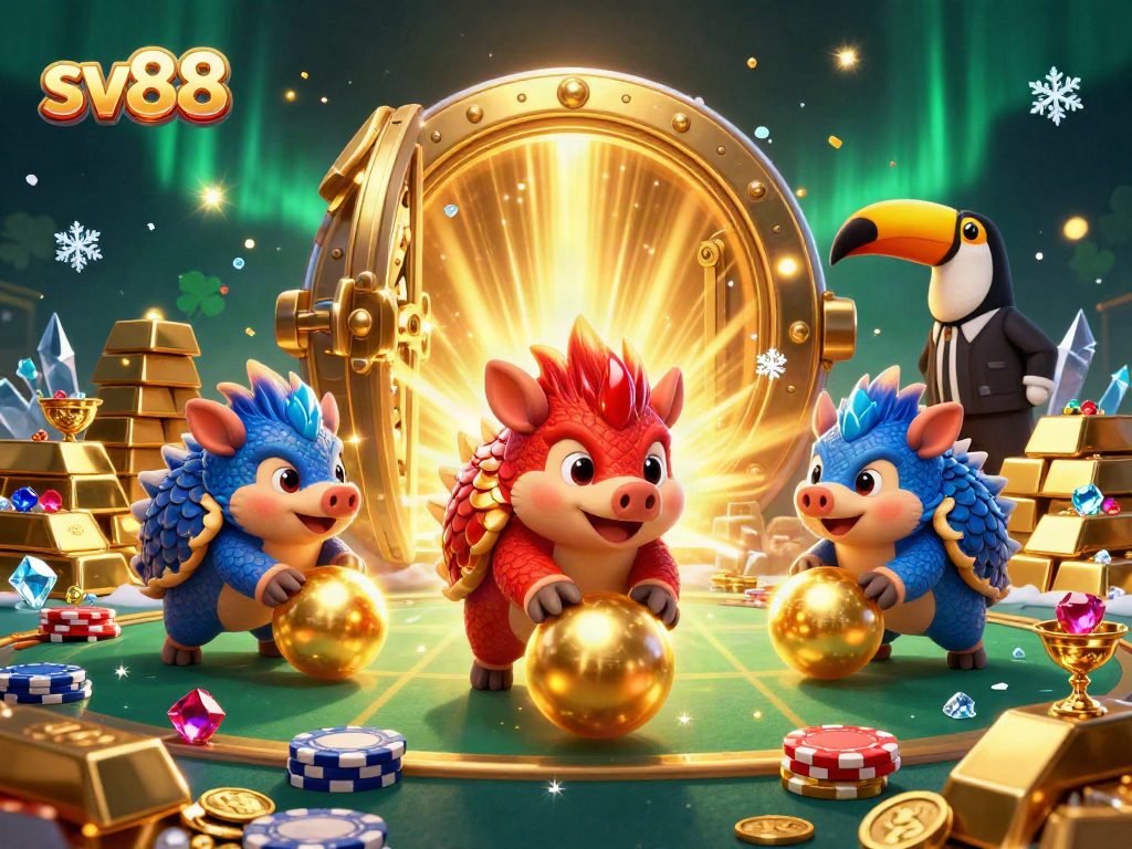 Bowling pangolins in an energetic casino-themed 3D illustration representing sv88, surrounded by gold coins and poker chips.