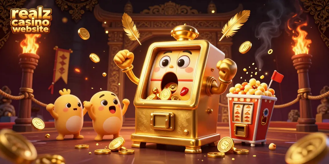 Stellen Sie sich die aufregende Erfahrung der realz casino-Website vor mit einer goldenen Jackpot-Spielmaschine, die Münzen ausstößt und von kleineren Maschinen angefeuert wird.