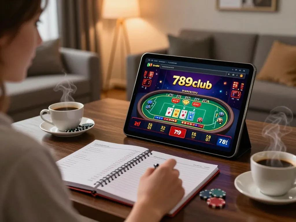 Engaging in online gambling on the 789club app with strategic notes at hand in a cozy setting.