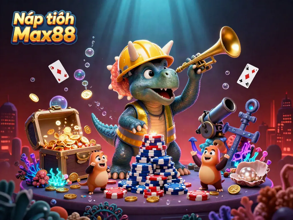 Nạp tiền Max88 illustration featuring a triceratops building poker chips and celebrating, background with colorful gems and cards.