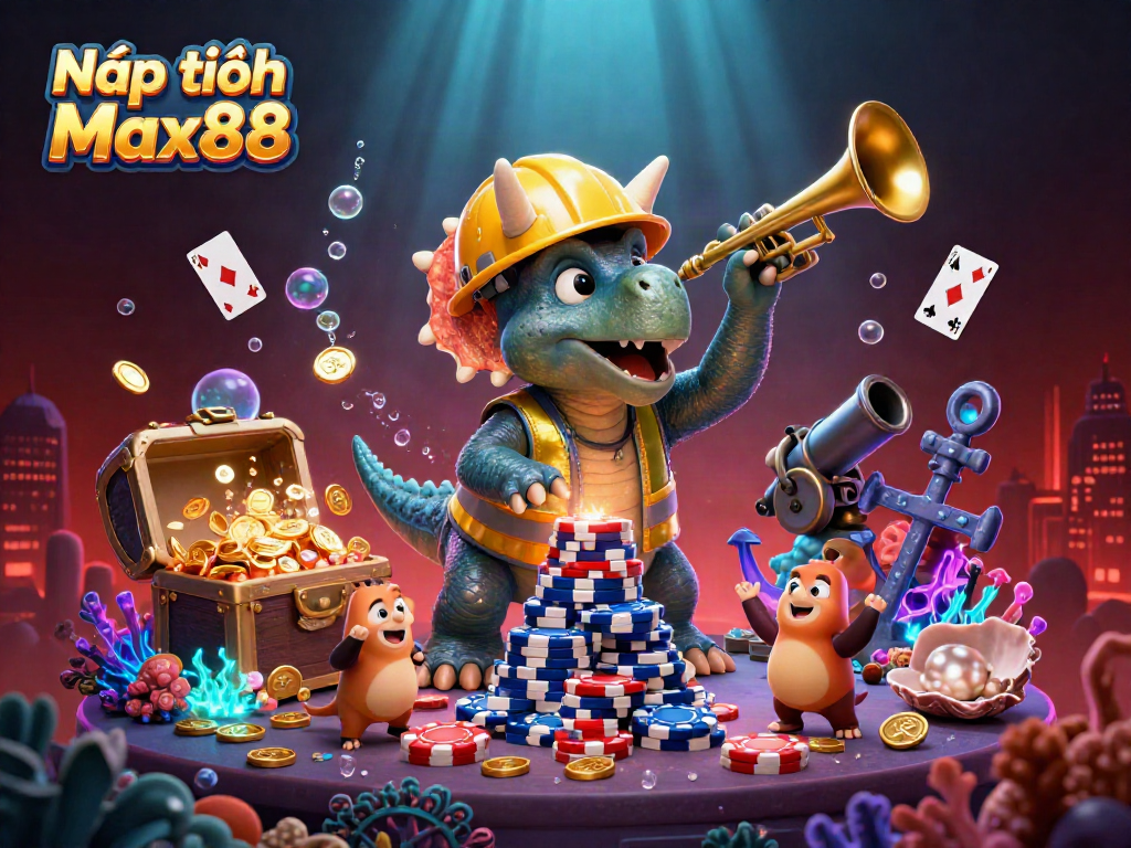 Nạp tiền Max88 illustration featuring a triceratops building poker chips and celebrating, background with colorful gems and cards.