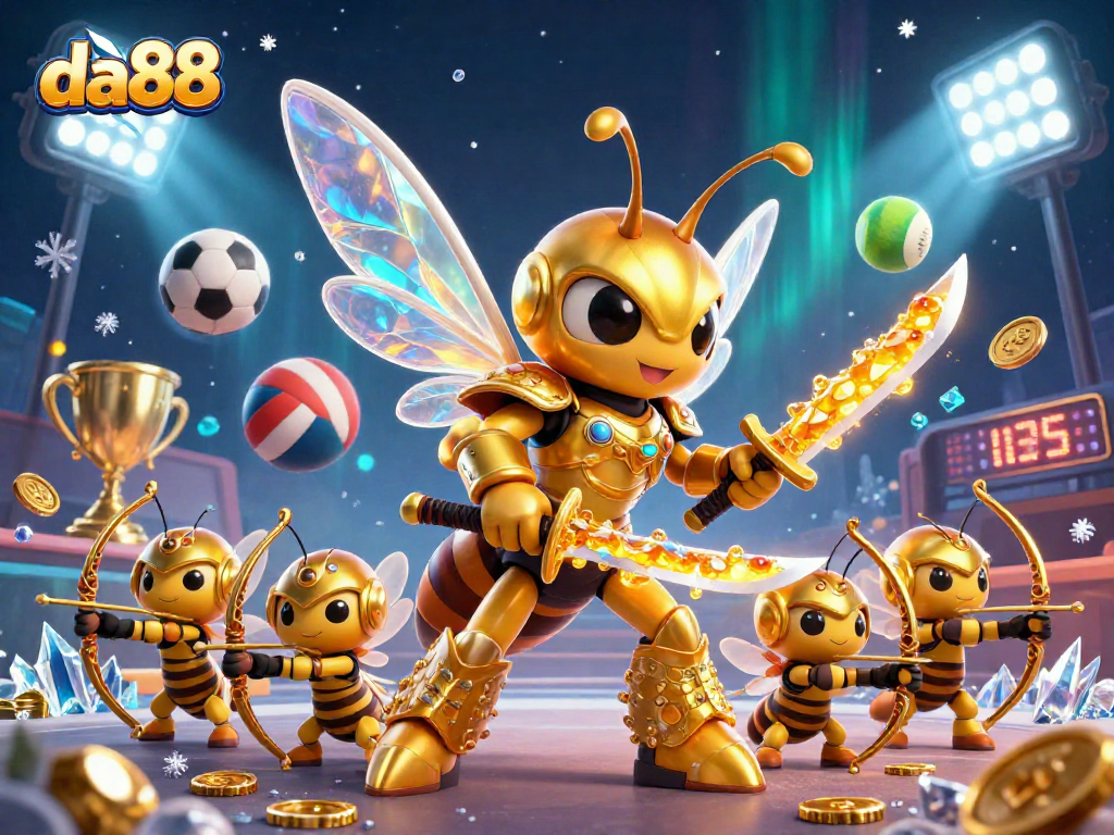 Experience the excitement of da88 with a dynamic illustration featuring a golden hornet samurai amidst sports betting elements.