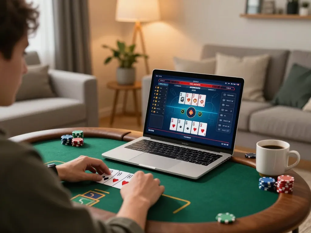 Experience the excitement of RR88 poker gaming at home with a cozy setup and strategic gameplay.