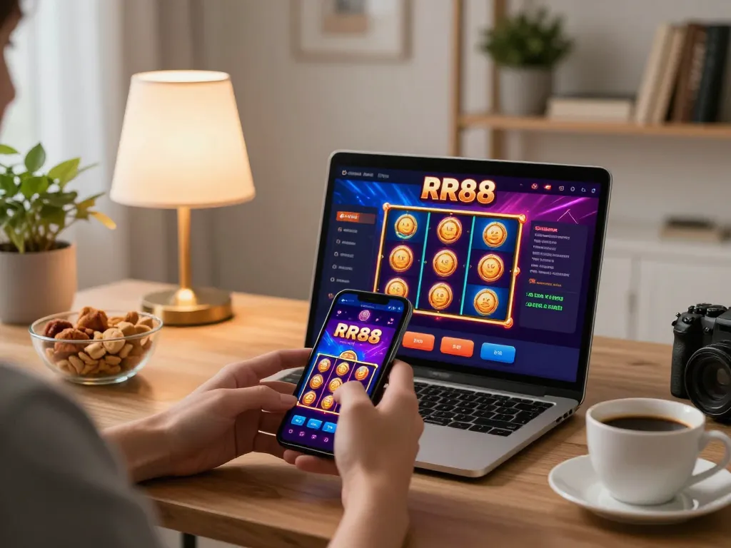 Engaged user exploring RR88 casino app on smartphone during relaxed home gaming session