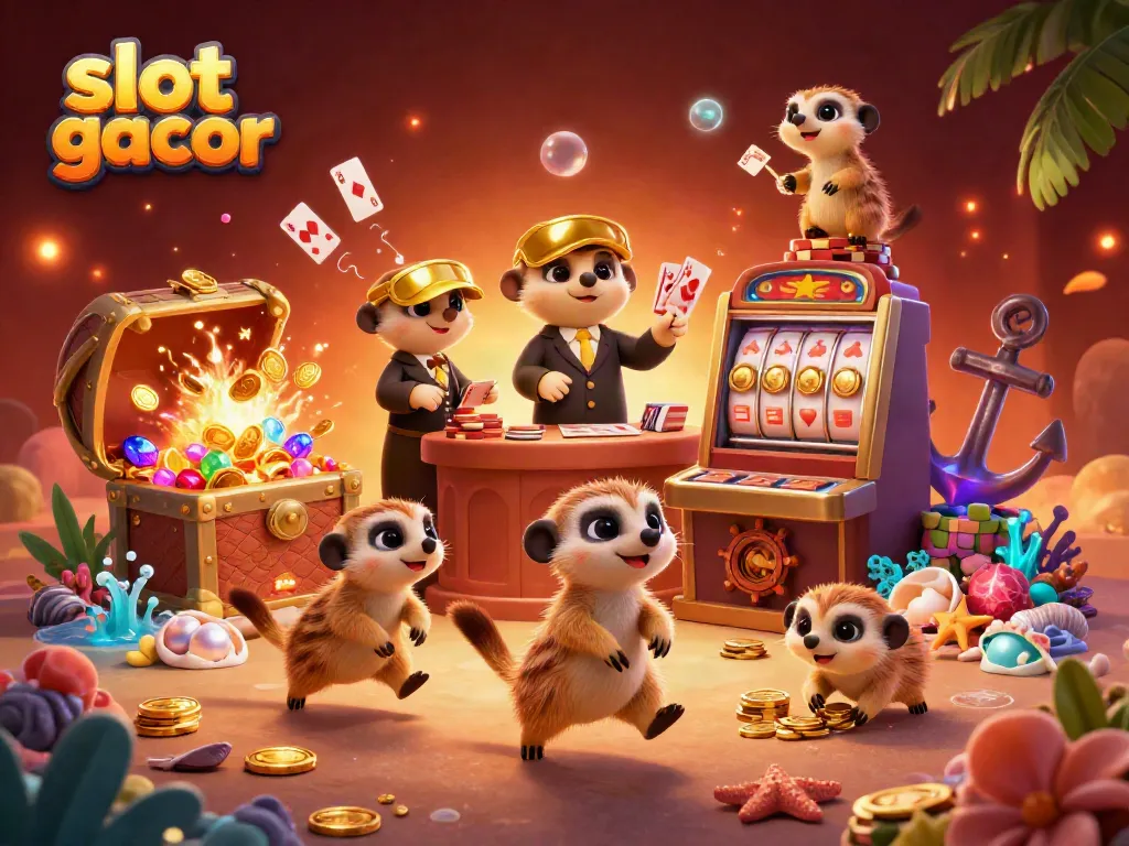 Engaging scene of meerkats operating a vibrant casino with elements of slot gacor gameplay.