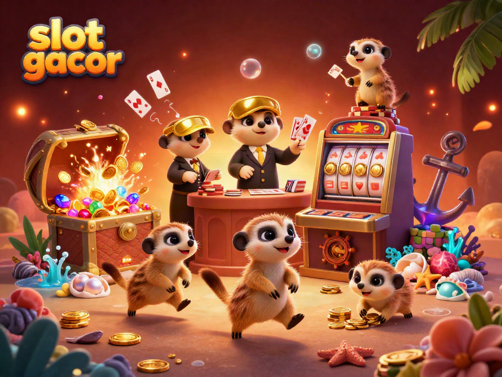 Engaging scene of meerkats operating a vibrant casino with elements of slot gacor gameplay.