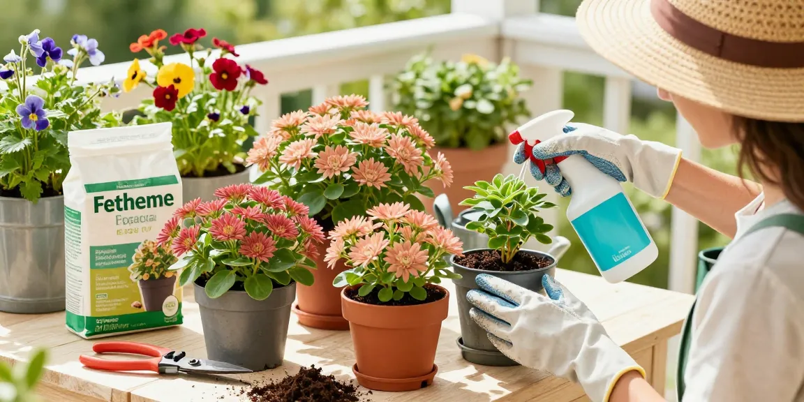 Düngen von fetter henne, demonstriert von einem Gärtner, der Dünger auf Sedum-Pflanzen in einem hellen Balkongarten anwendet.