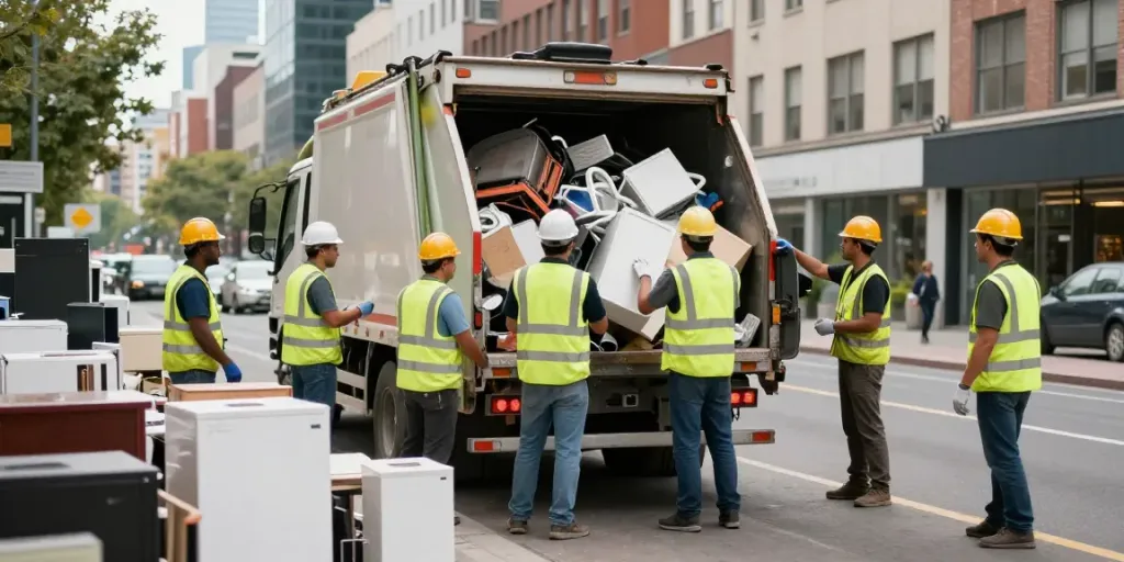 Sperrmüllabholung Berlin: Professionelles Team bei der Müllabfuhr in urbaner Umgebung.