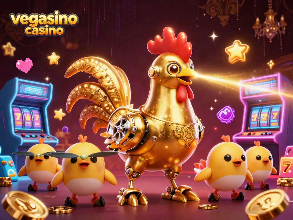 Experience vegasino casino gaming with a golden robotic rooster and colorful arcade elements in 3D.