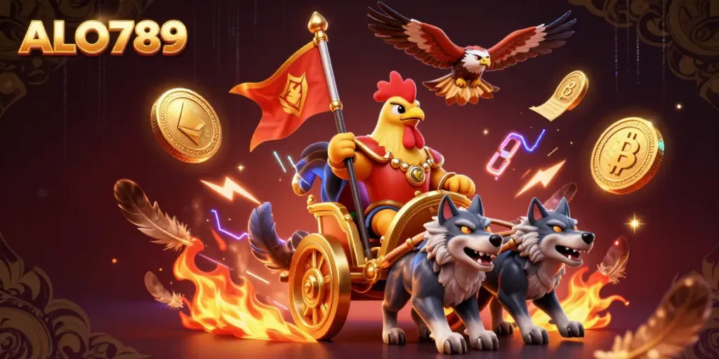 Experience cockfighting with ALO789, featuring a warlord rooster in a dynamic arena scene.