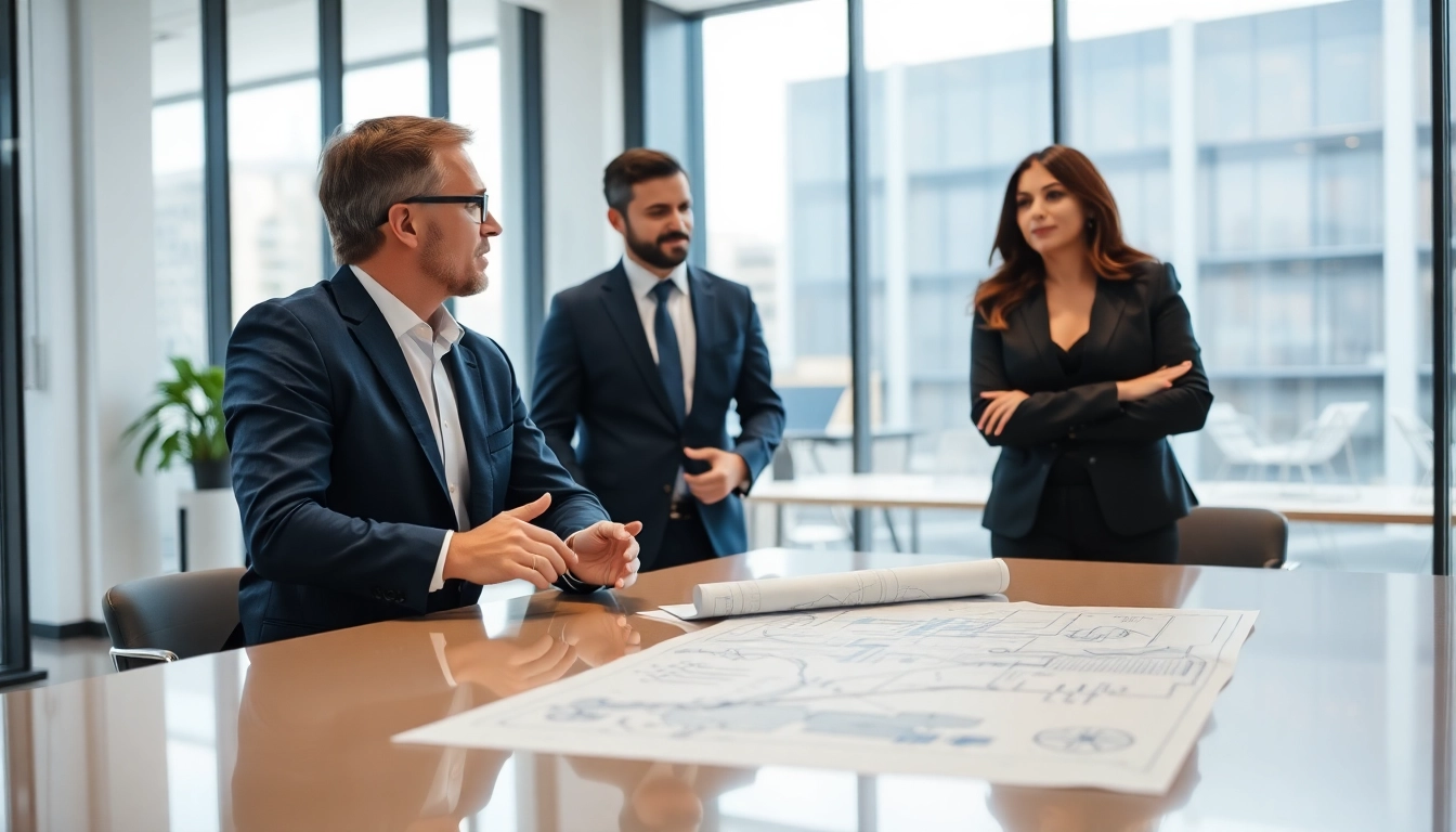Headhunter Ingenieure im Gespräch mit einem Ingenieur in einem modernen Büro.