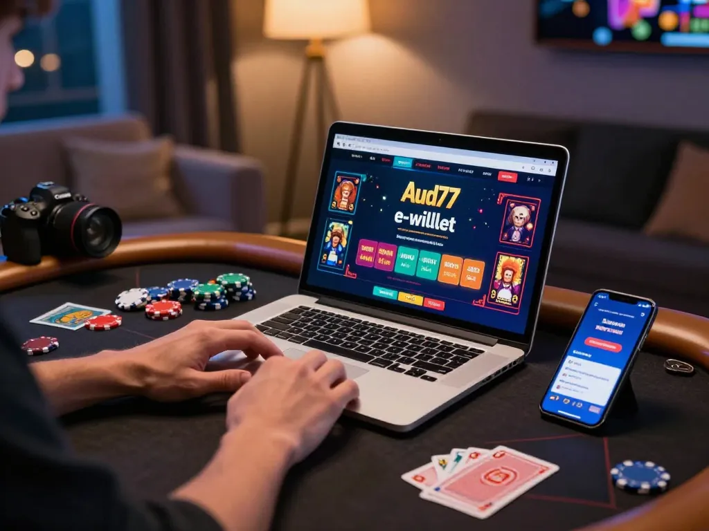 Player enjoying aud77 e-wallet at home with vibrant casino graphics and gaming accessories.