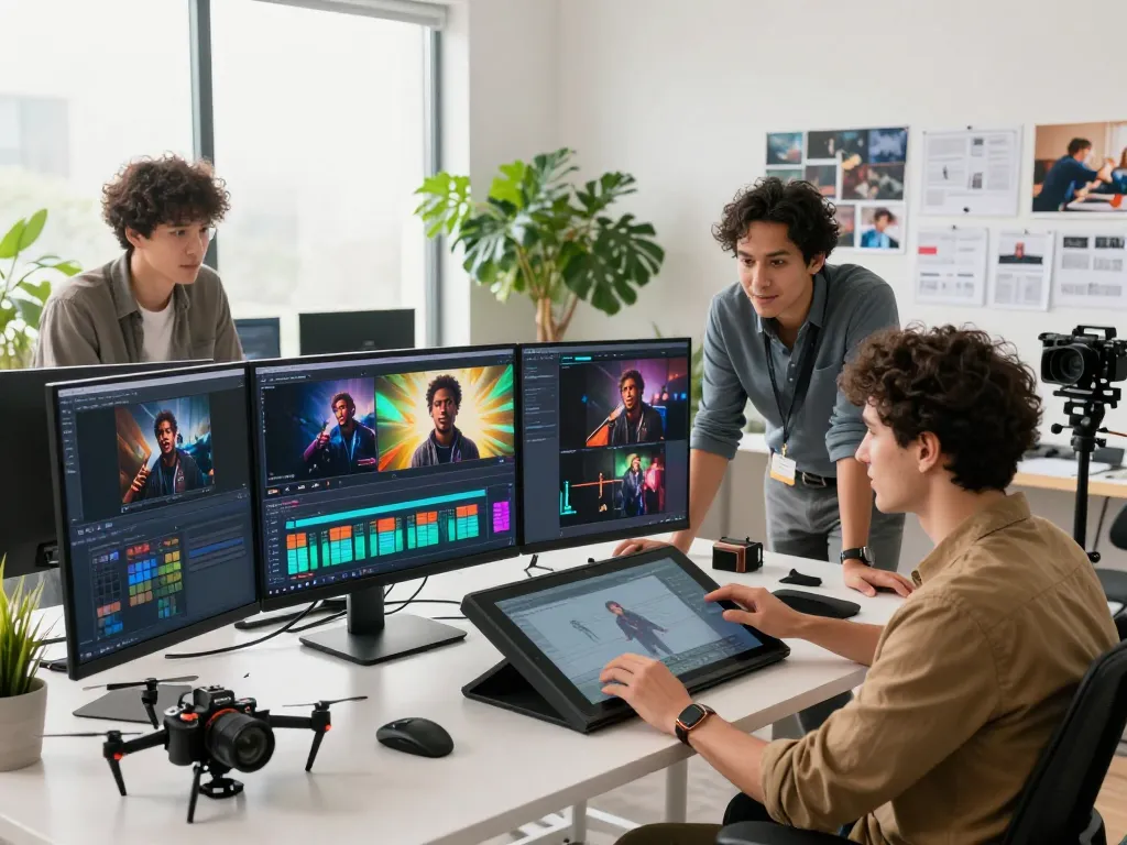 Team utilizing free motion control to create dynamic AI videos in a modern studio.