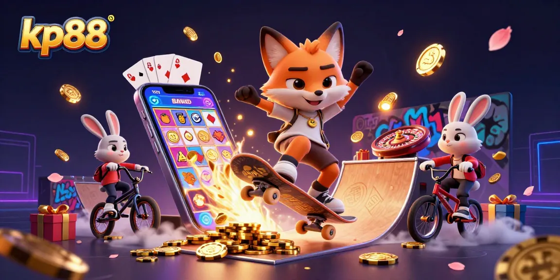 Engage with kp88's thrilling slot games alongside lively characters in a vibrant 3D casino world.