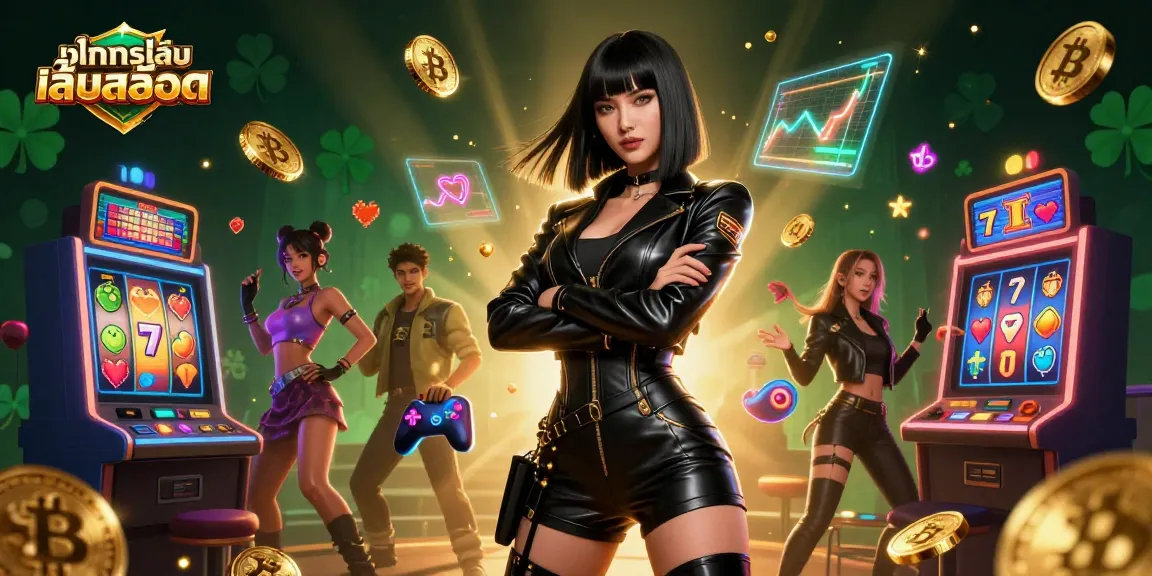 Play ทดลองเล่นสล็อต with exciting 3D slot machines and vibrant visuals in this casino-themed illustration.