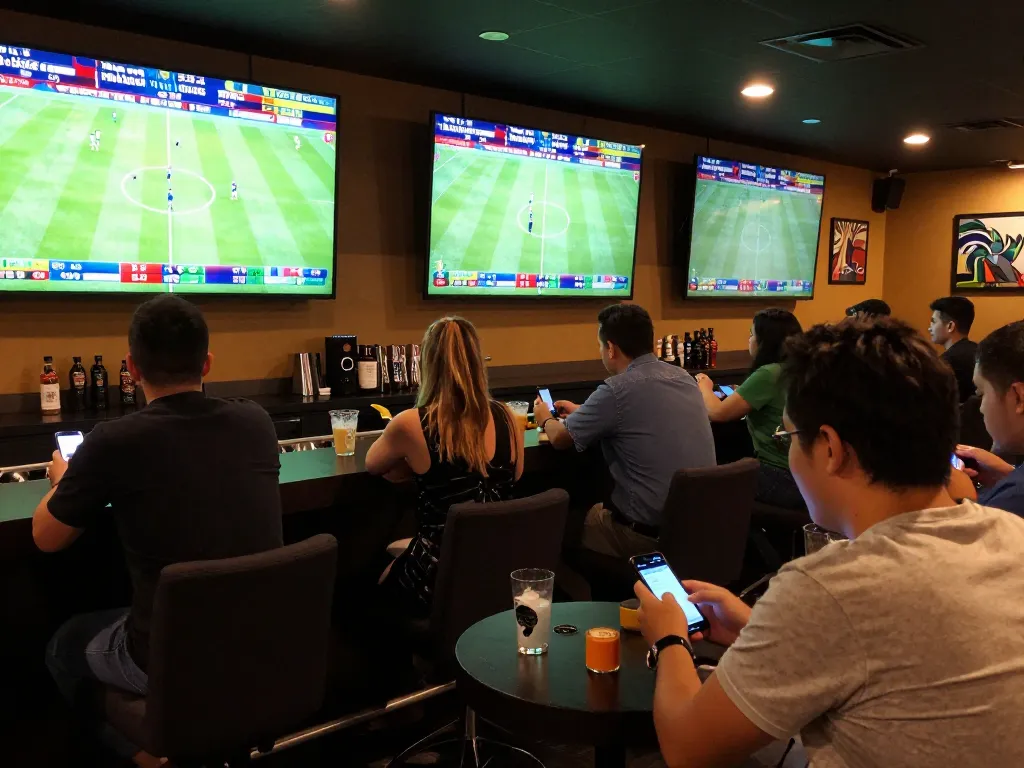 Exciting sports betting atmosphere with ไฮไลท์ฟุตบอล 7m displayed on big screens, patrons actively placing bets