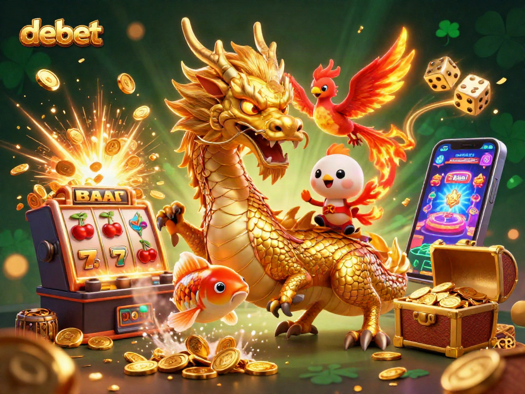 Win big at debet casino with a majestic dragon, phoenix, and koi fish amid riches