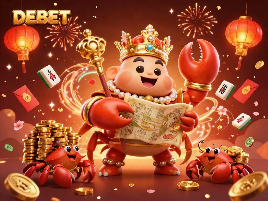 DEBET crab emperor triumphantly holding a scepter amidst festive casino elements.