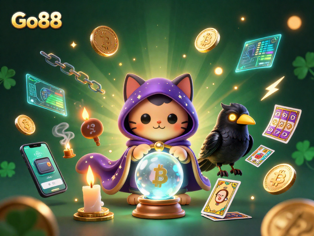 Experience thrilling gaming at Go88 with vibrant visuals of slot reels, coins, and mystical characters.