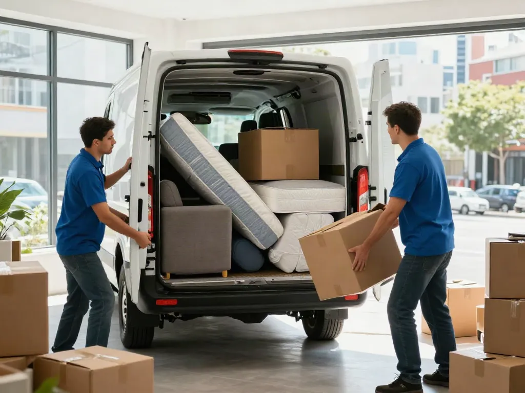Schnelle Entrümpelung Berlin mit professionellem Team, Möbel und Kartons werden effizient in Transporter geladen.