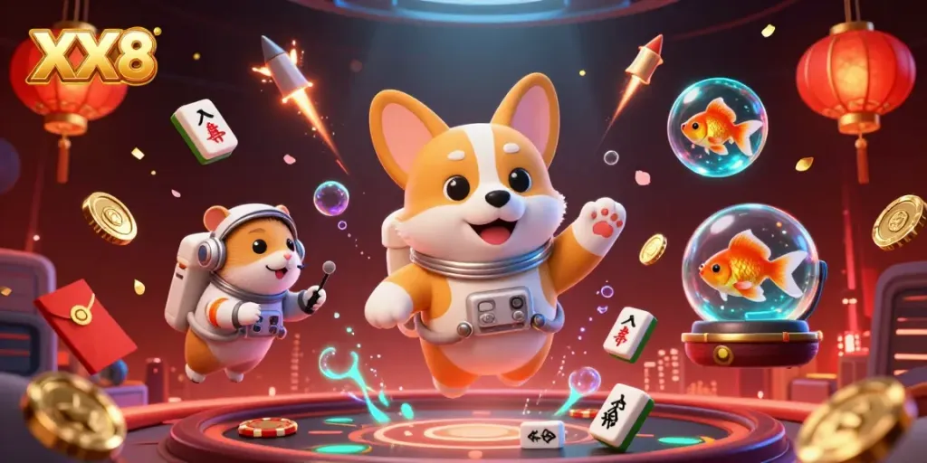 Experience the dynamic fun of XX8 with an astronaut corgi in a floating casino scene, featuring vibrant game elements.